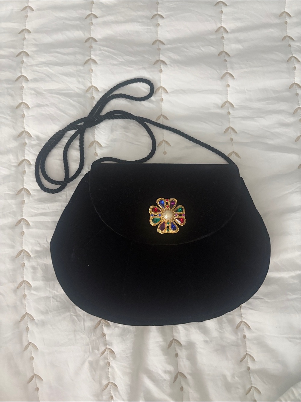 Black Velvet Crossbody Bag with Jeweled Floral Accent
